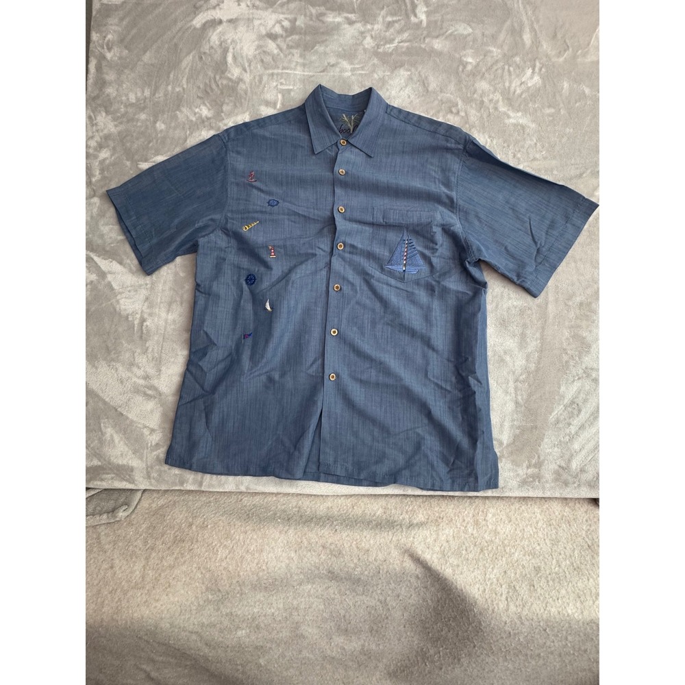 Bamboo Cay Mens Blue Textured Short Sleeve Modal Blend Camp Shirt Size M